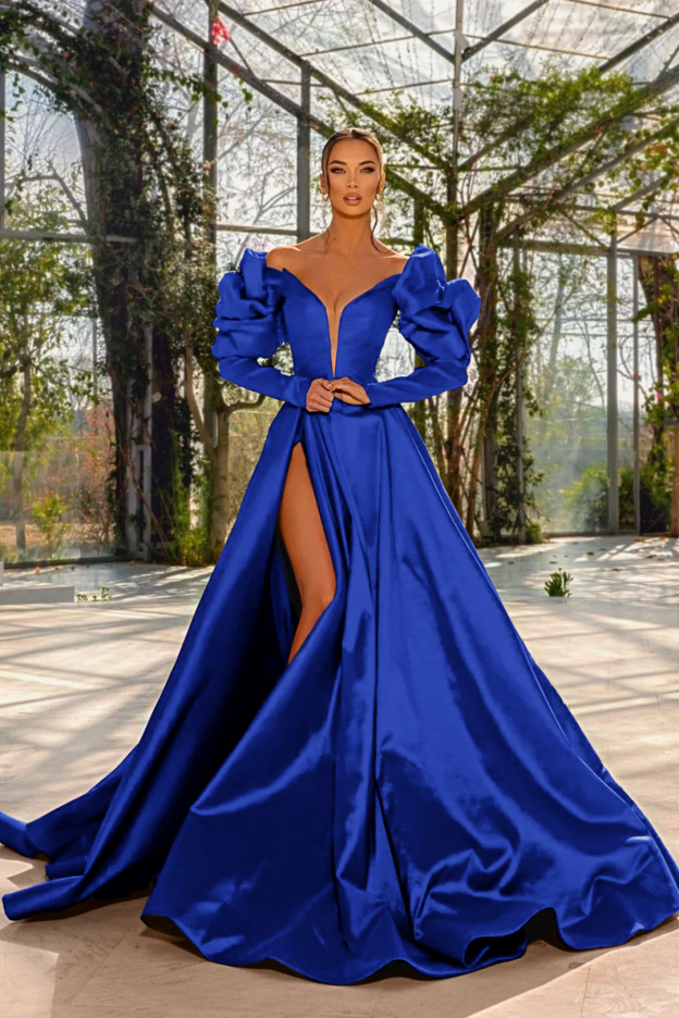 Sexy Prom Dress Red V Neck Bubble Long Sleeves With High Split