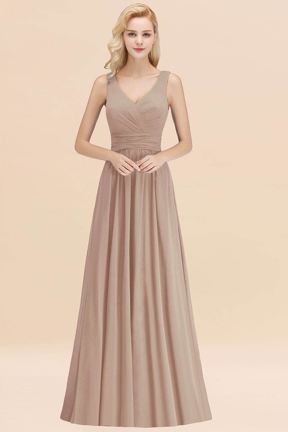 27prom Modest Sleeveless V-Neck Long Chiffon Bridesmaid Dress Online with Ruffle-27prom