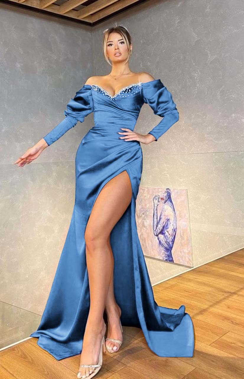 Off the Shoulder Mermaid Royal Blue Long Sleeves Prom Dress Beading