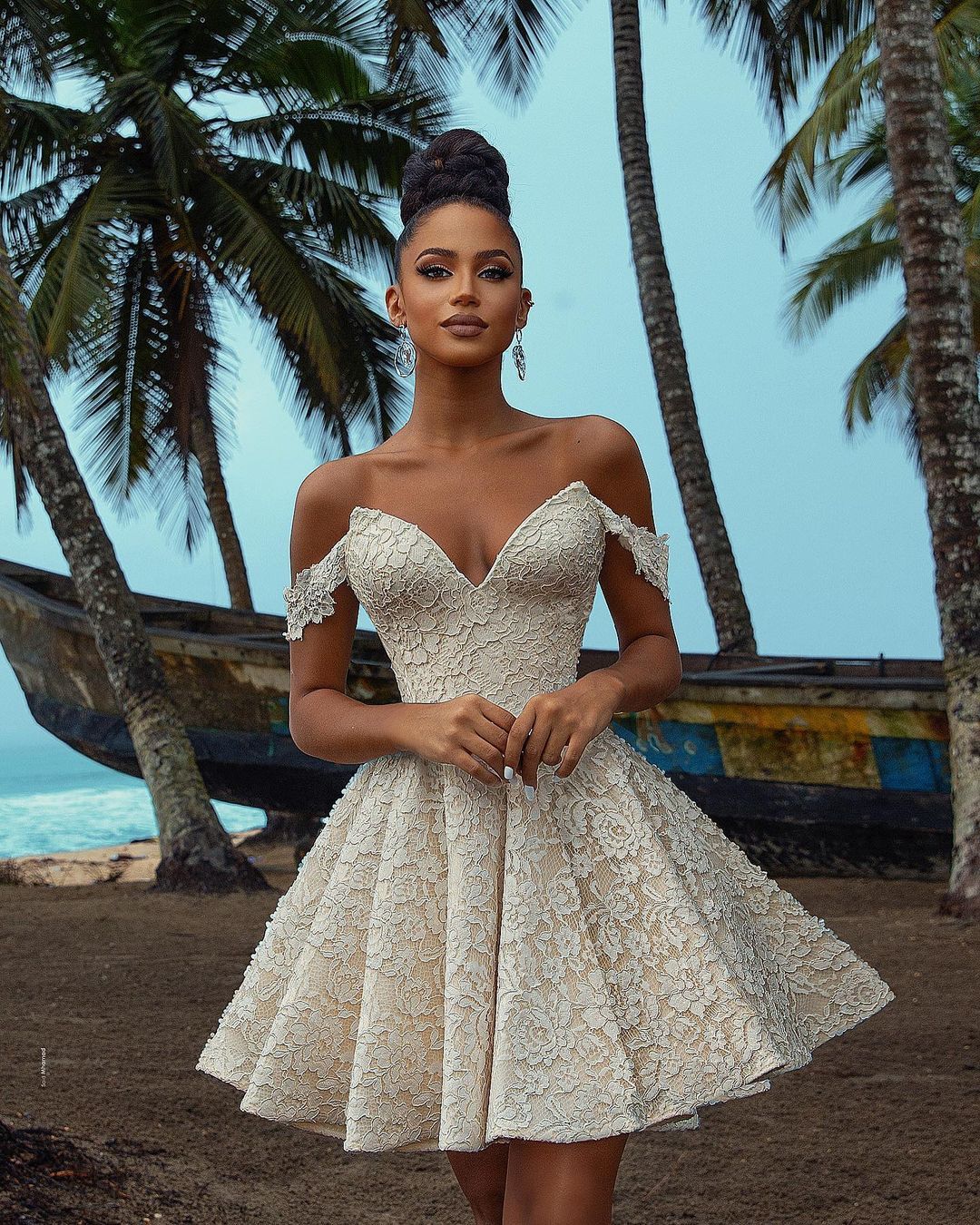 Short A-Line Off-the-Shoulder Wedding Dress with Lace