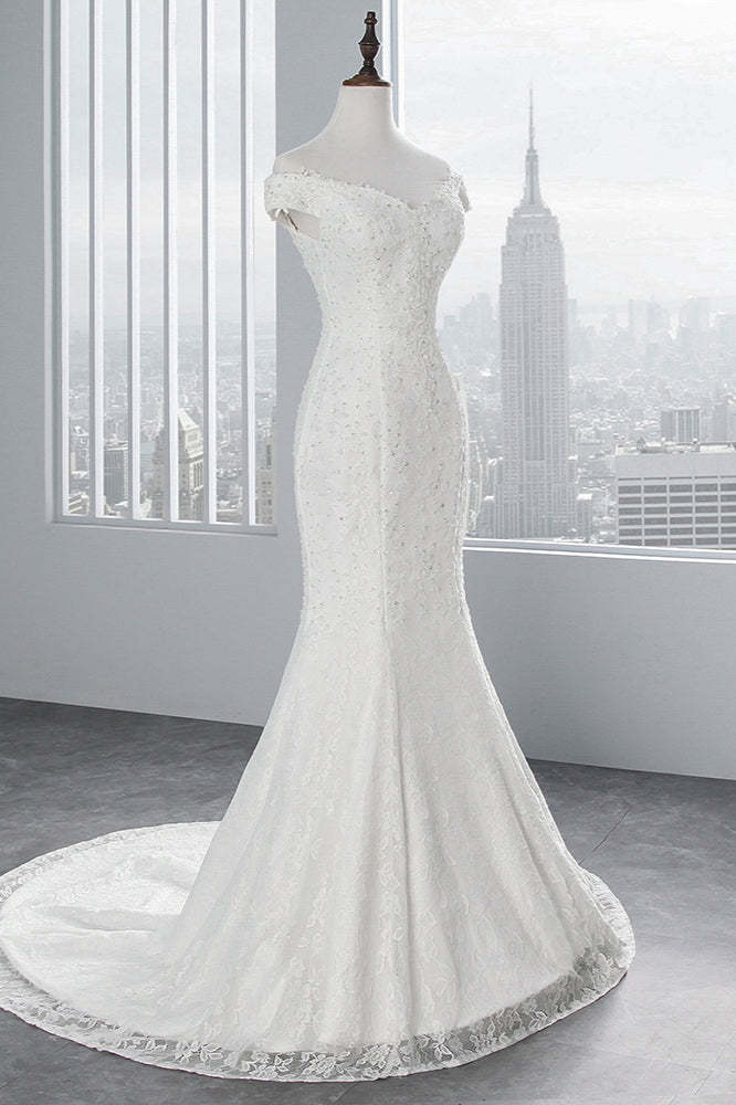 Off-the-Shoulder Long Mermaid Wedding Dress with Lace