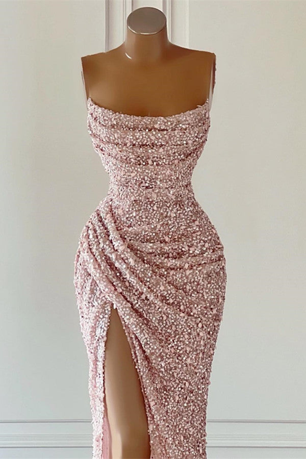 Dusty Pink Sleeveless Prom Dress with Square Neckline and Long Slit