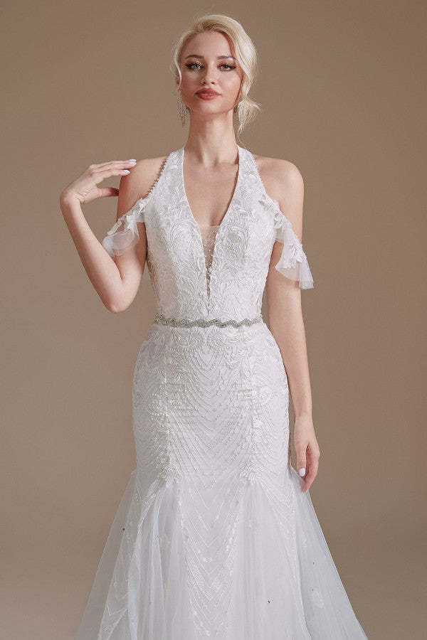 Elegant Long Mermaid Halter Tulle Floor-Length Wedding Dress with Lace Appliques