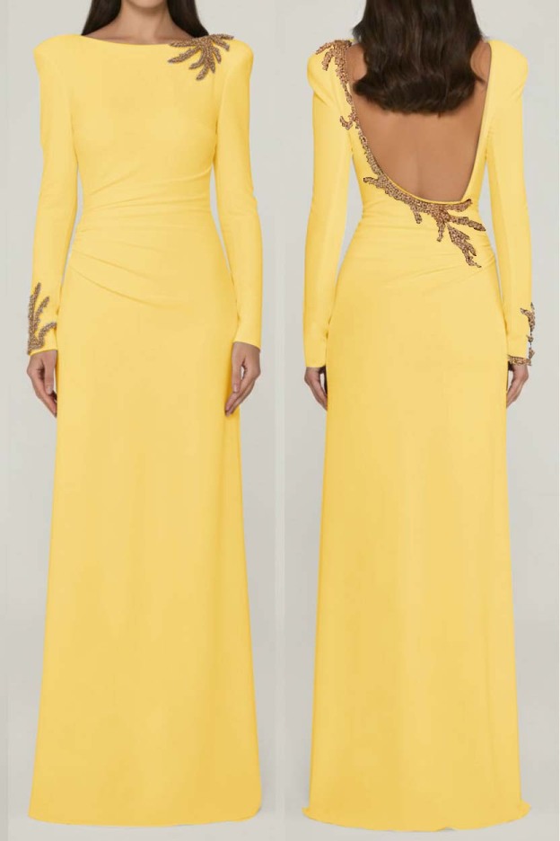 Long Sleeves Long Backless Prom Dress With Appliques Pleated