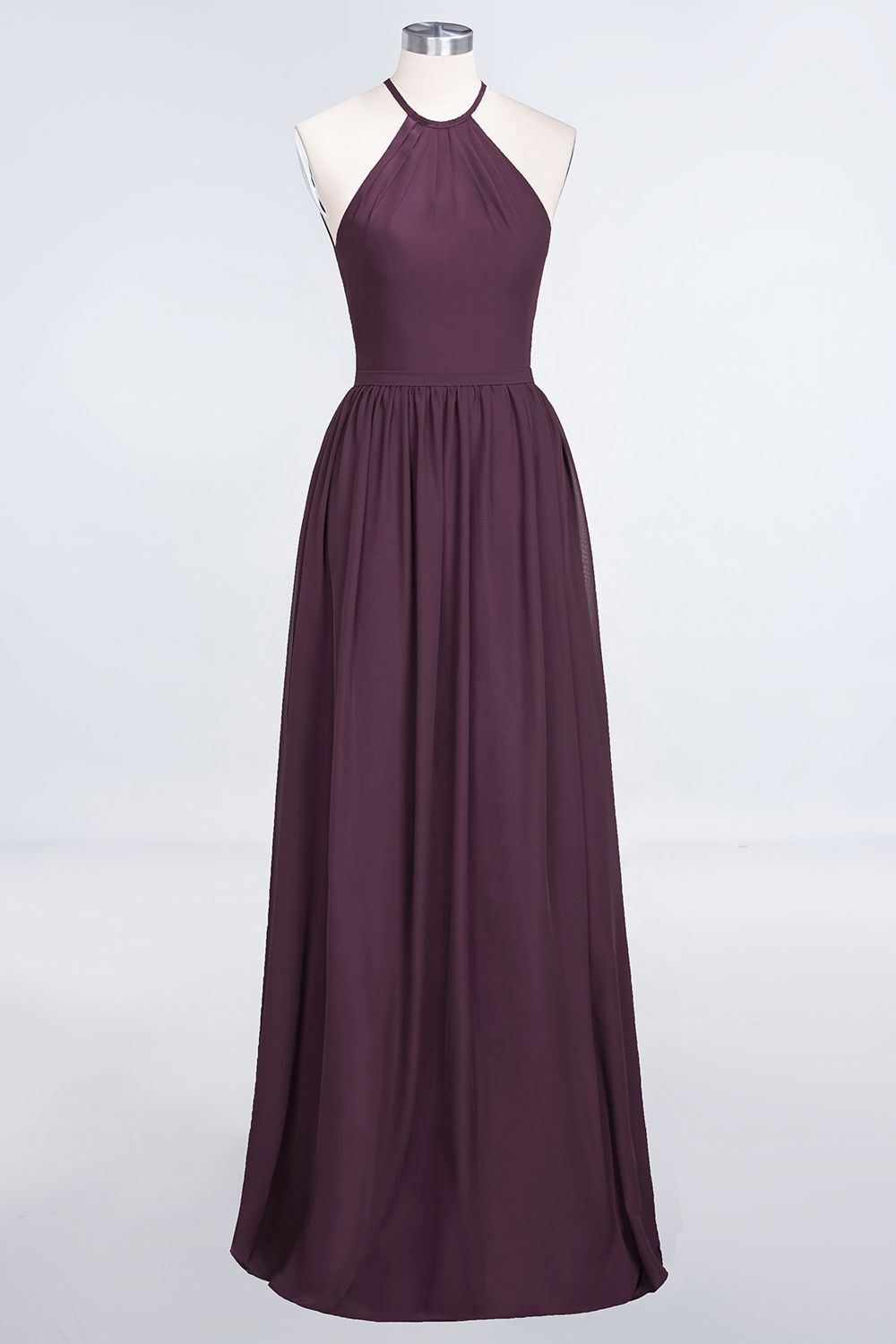 27prom Affordable Halter Sleeveless Long Burgundy Bridesmaid Dress with Ruffle-27prom
