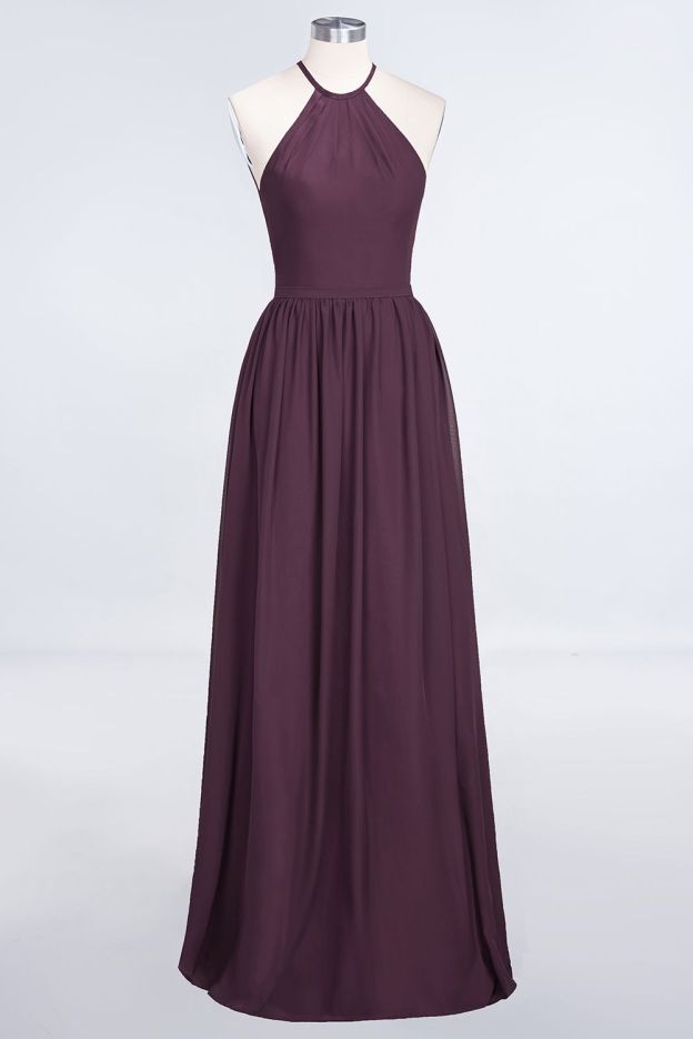 27prom Affordable Halter Sleeveless Long Burgundy Bridesmaid Dress with Ruffle-27prom