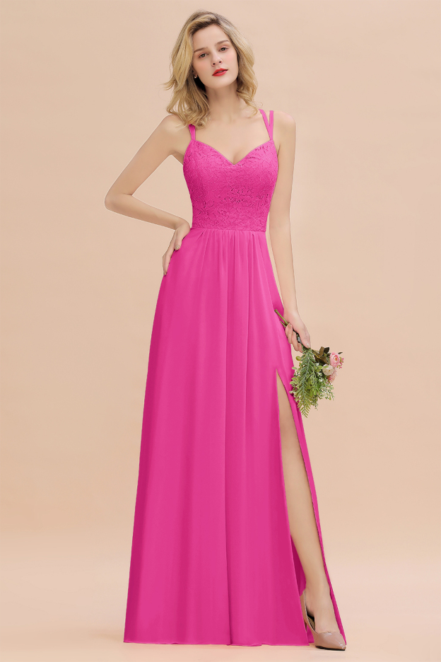 27prom Spaghetti-Straps Coral Lace Bridesmaid Dresses with Slit-27prom
