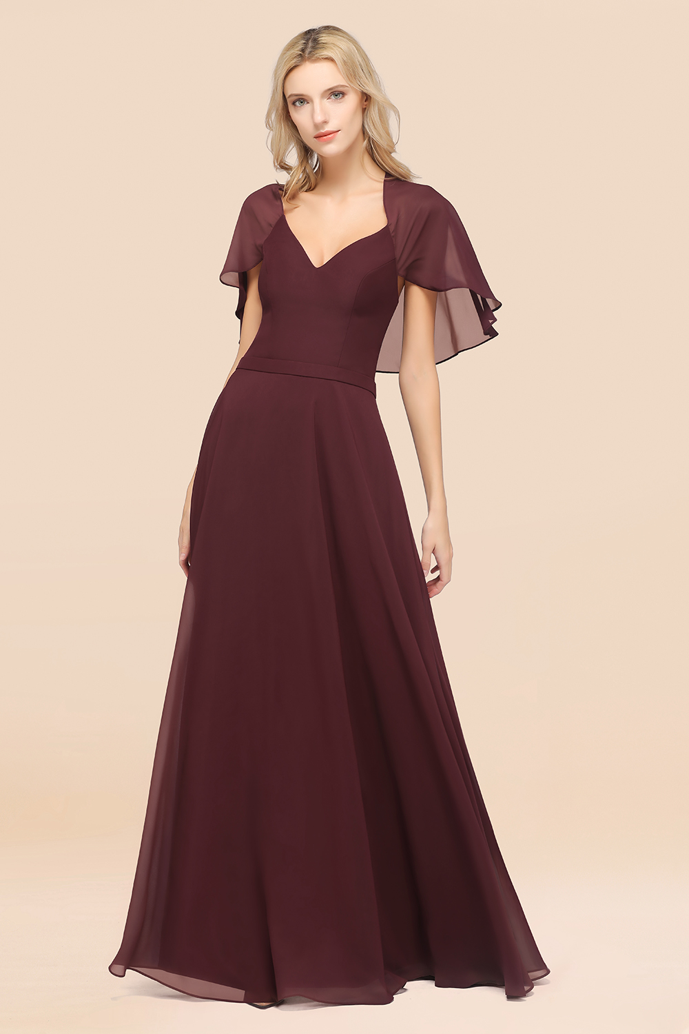 27prom Chic Satin V-Neck Long Burgundy Chiffon Bridesmaid Dress with Flutter Sleeve-27prom