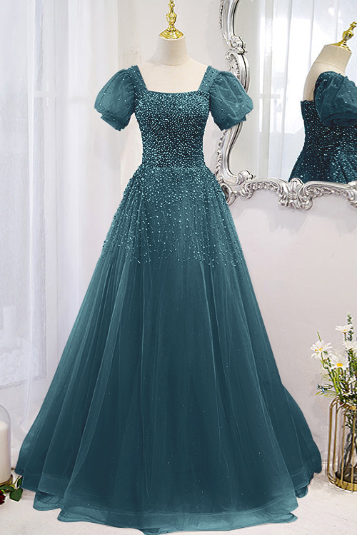 Chic Lace Up Prom Dress Beadings A Line Short Sleeves With Square Online