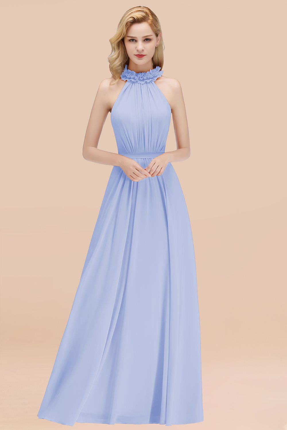 27prom Modest High-Neck Halter Ruffle Chiffon Bridesmaid Dresses Affordable-27prom