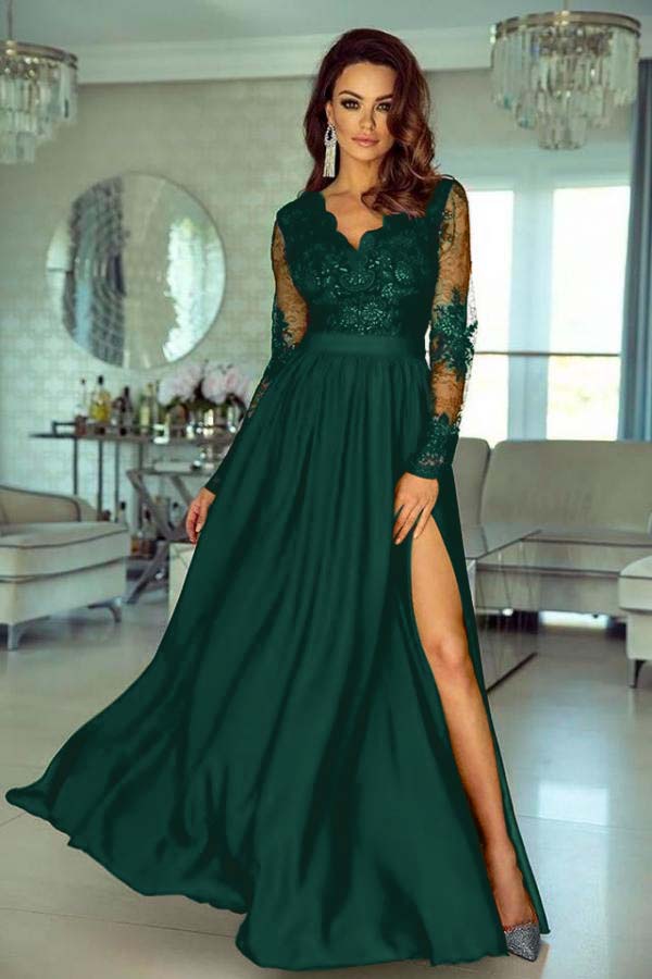 Charming V Neck Long Sleeves Lace A Line Long Prom Dress With Side Split