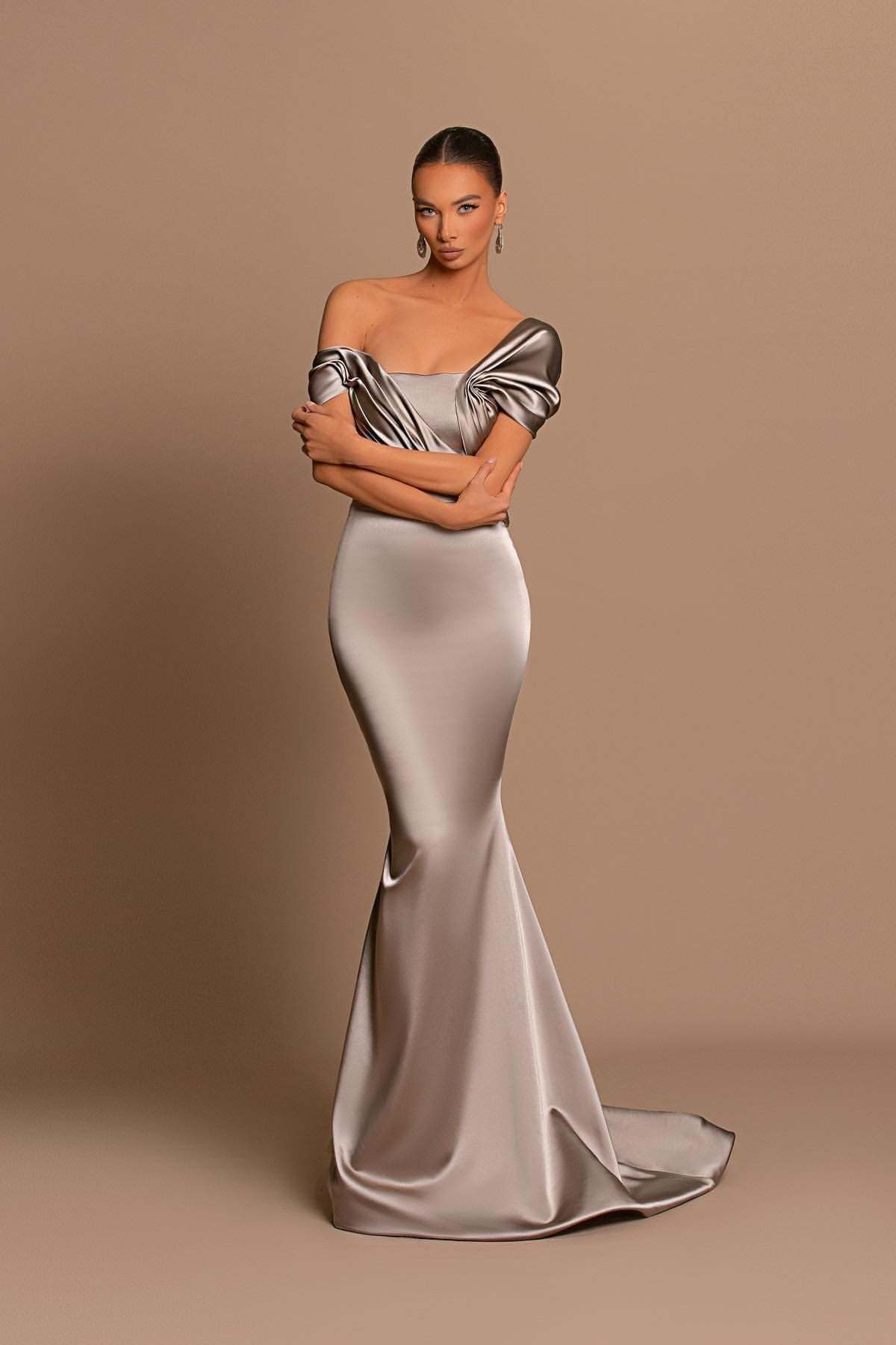 Grey Off-The-Shoulder Evening Dress Bateau Pleated Ball Gown