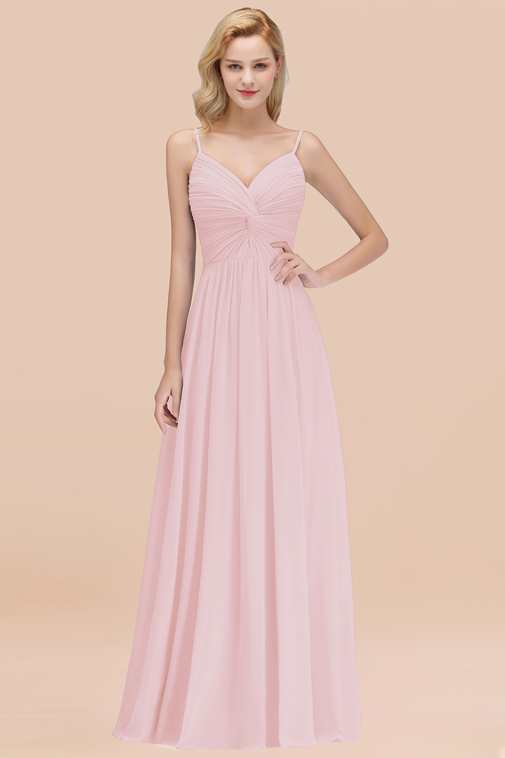 27prom Chic V-Neck Pleated Backless Bridesmaid Dresses with Spaghetti Straps-27prom