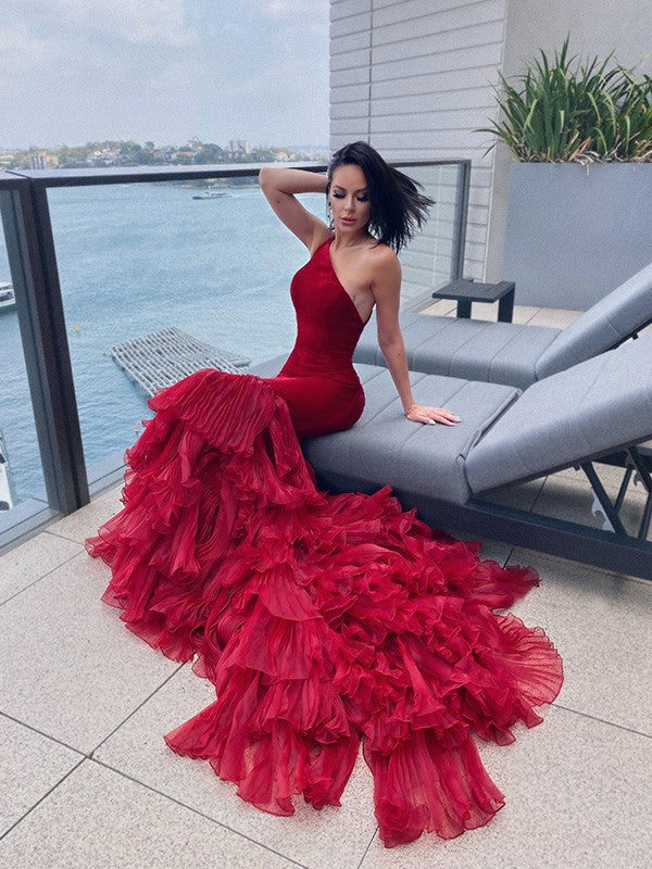 One Shoulder Burgundy Mermaid Prom Dress