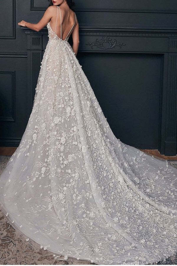 Sheer Strap A-Line Long Wedding Dress with 3D Floral Appliques