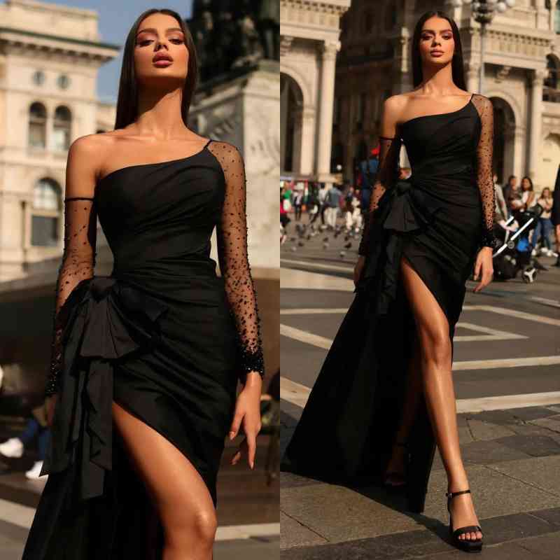 Black Prom Dress Long Sleeves Tulle One Shoulder With Pleated Split