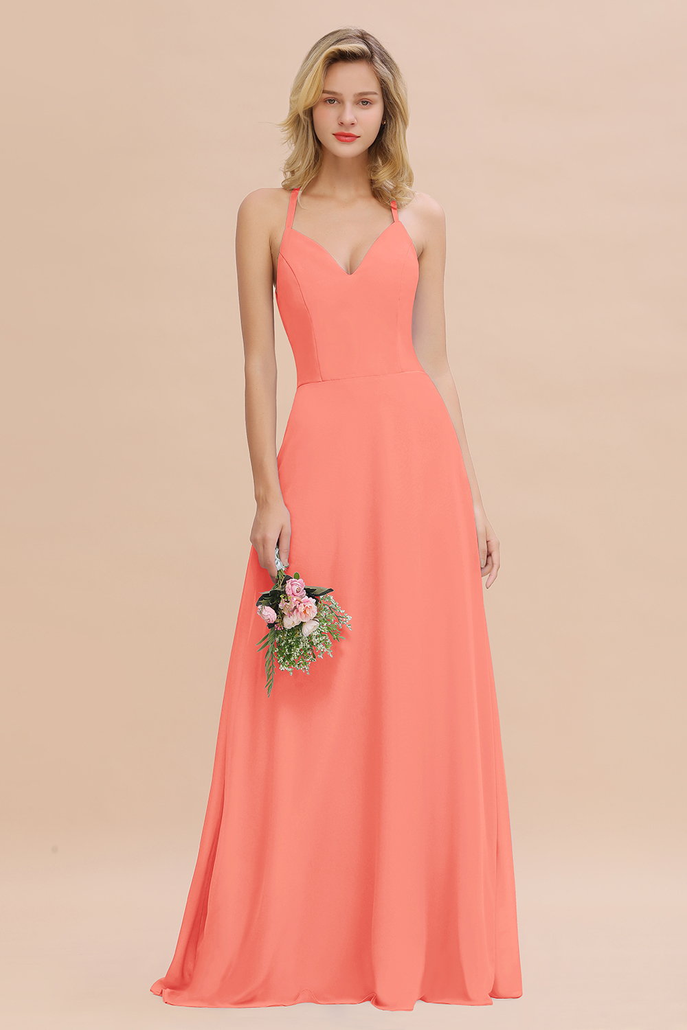 27prom Modest Halter V-Neck Sleeveless Long Bridesmaid Dresses Online-27prom