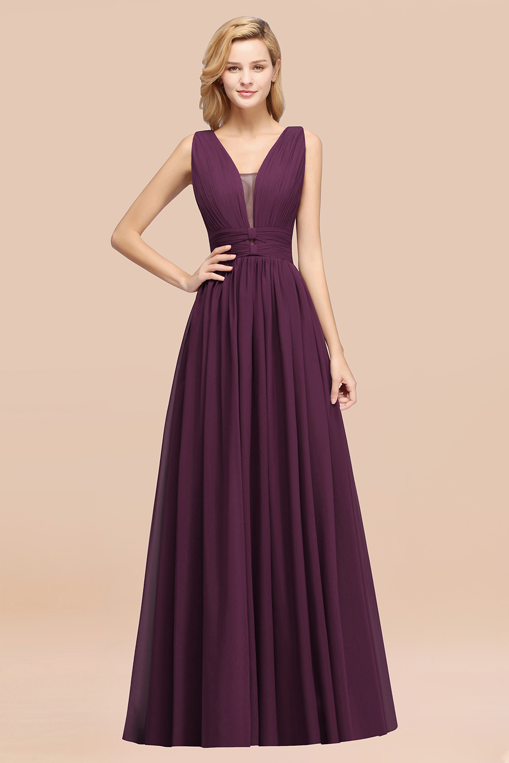 27prom Modest Dark Green Long Bridesmaid Dress Deep V-Neck Chiffon Maid of Honor Dress-27prom
