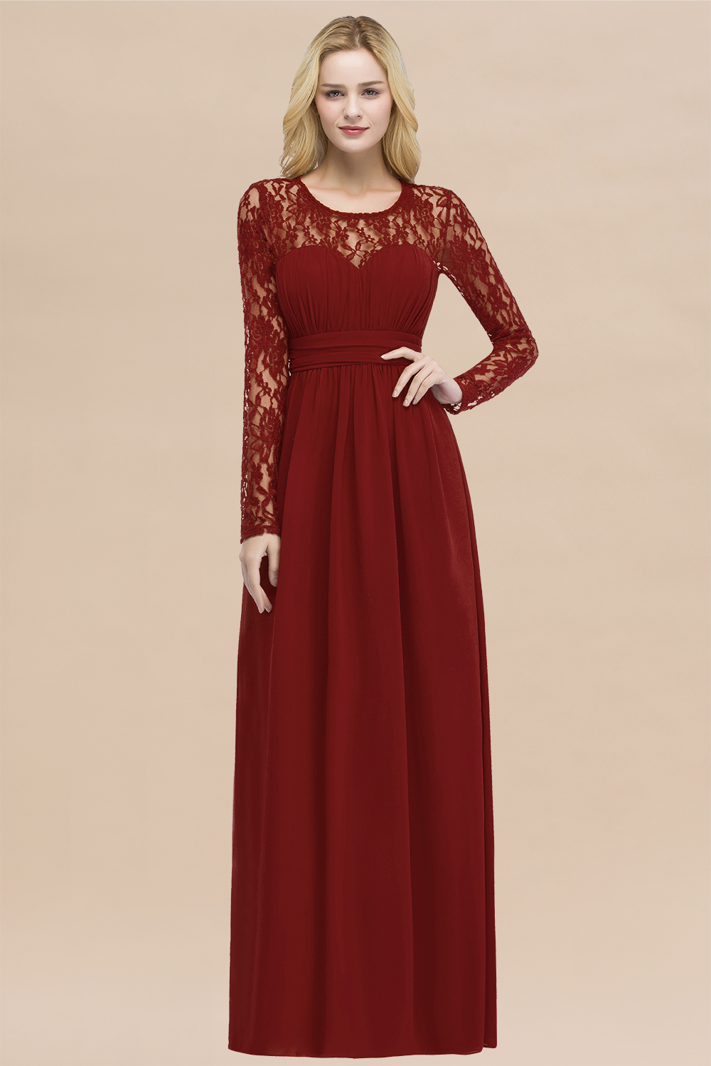 27prom Elegant Lace Burgundy Bridesmaid Dresses Online with Long Sleeves-27prom