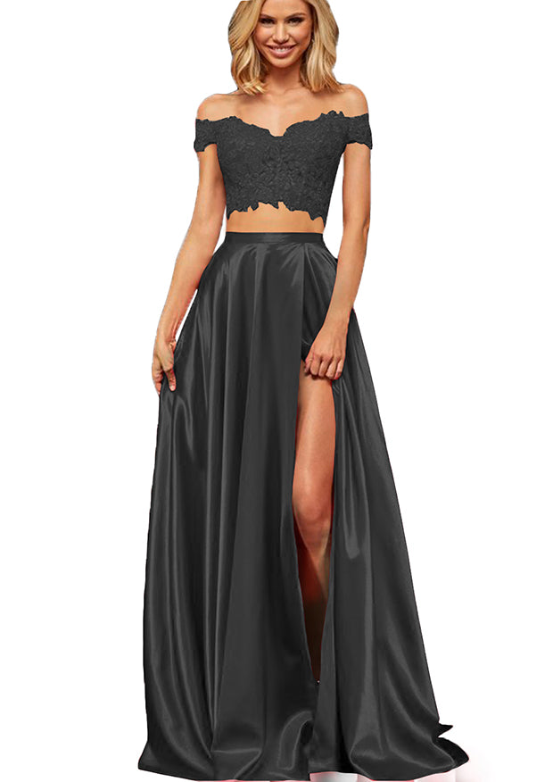Off-the-Shoulder Two Pieces Prom Dress with Appliques and Slit