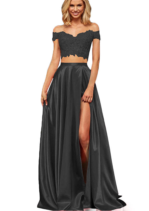 Off-the-Shoulder Two Pieces Prom Dress with Appliques and Slit