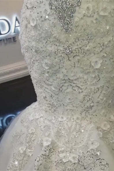 High Collar Off-the-Shoulder Beaded Mermaid Wedding Dress with Lace Appliques
