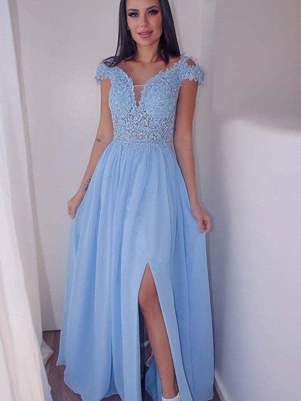 Sky Blue Cap Sleeve Long Prom Dress with Slit