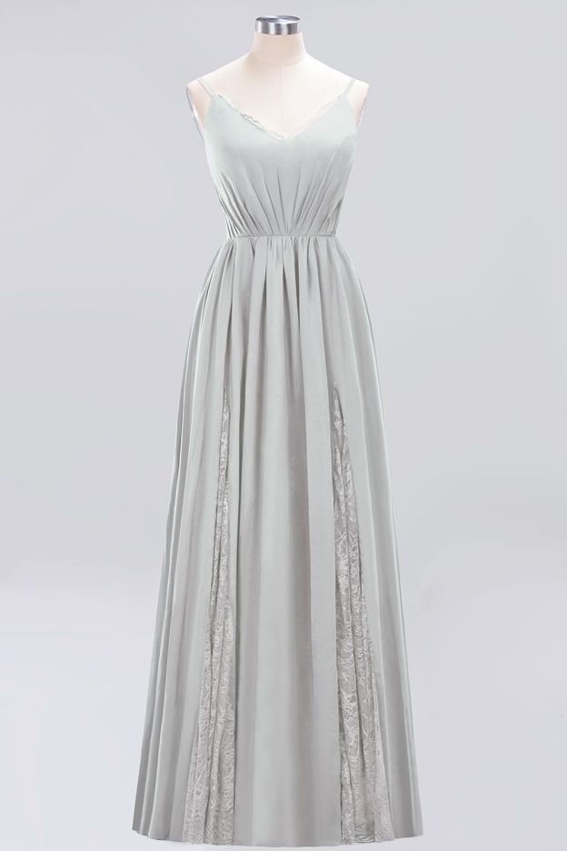 27prom Elegant Spaghetti Straps Long Bridesmaid Dress Lace V-Neck Maid of Honor Dress-27prom