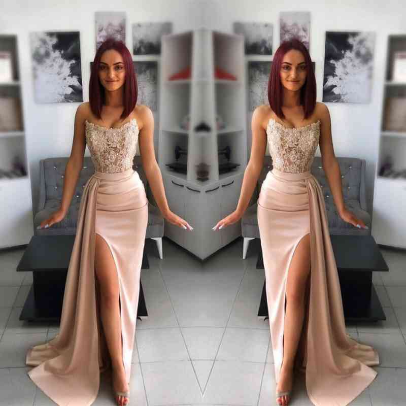 626. Chic Pink Evening Dress Prom Dress with Applique Belt and Slit