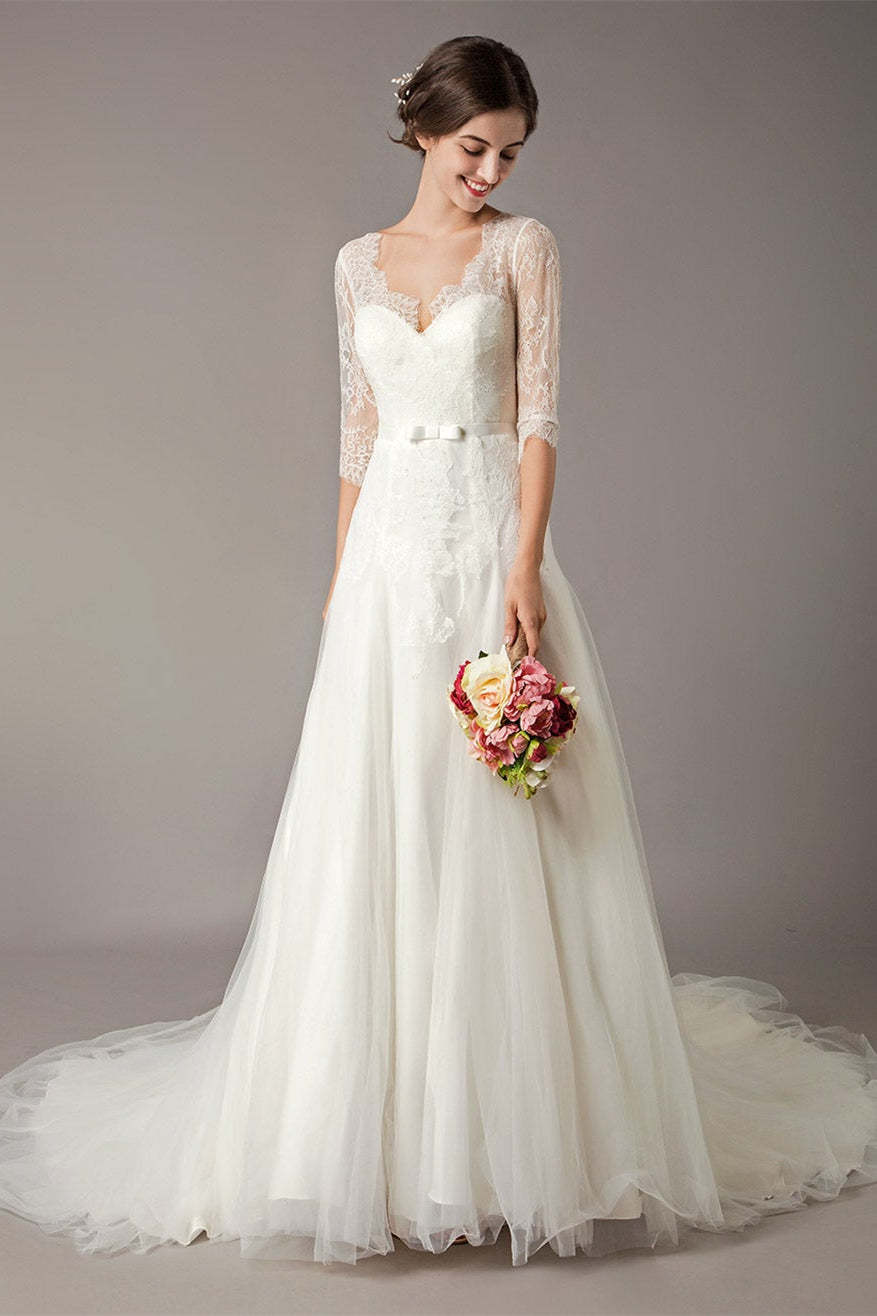 Half Sleeve Lace Beach Wedding Dress