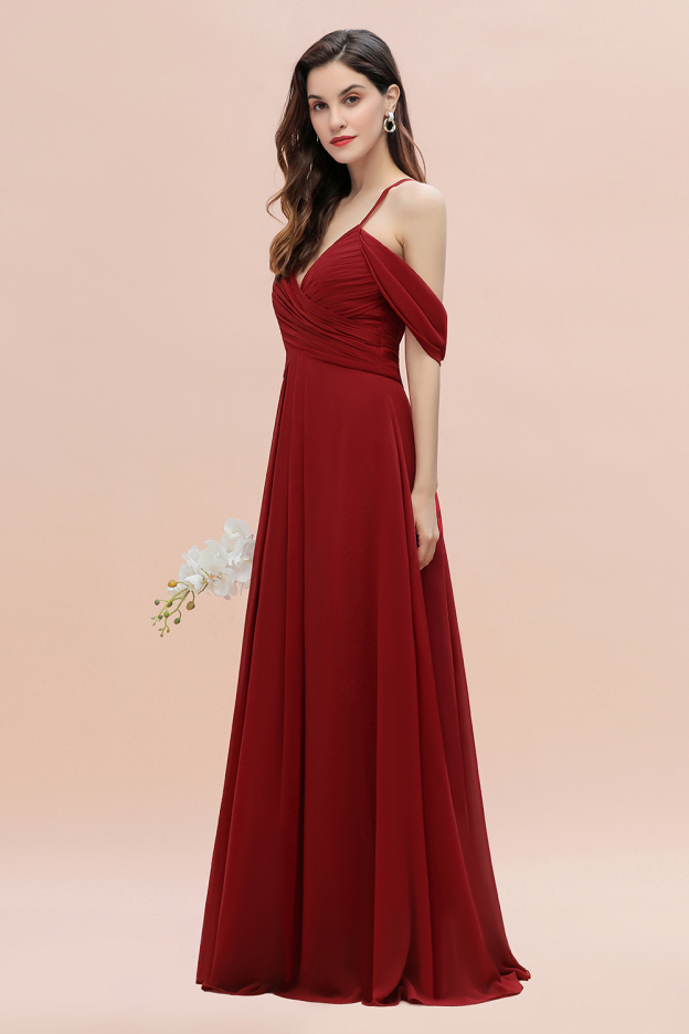 Elegant A-line Off-the-Shoulder V-neck Ruched Long Bridesmaid Dress-27prom