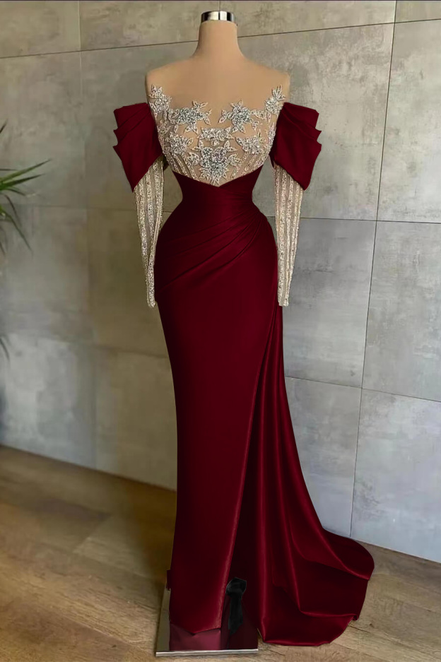 Pink Split Mermaid Long Sleeves Prom Dress Beadings With Appliques Off the Shoulder