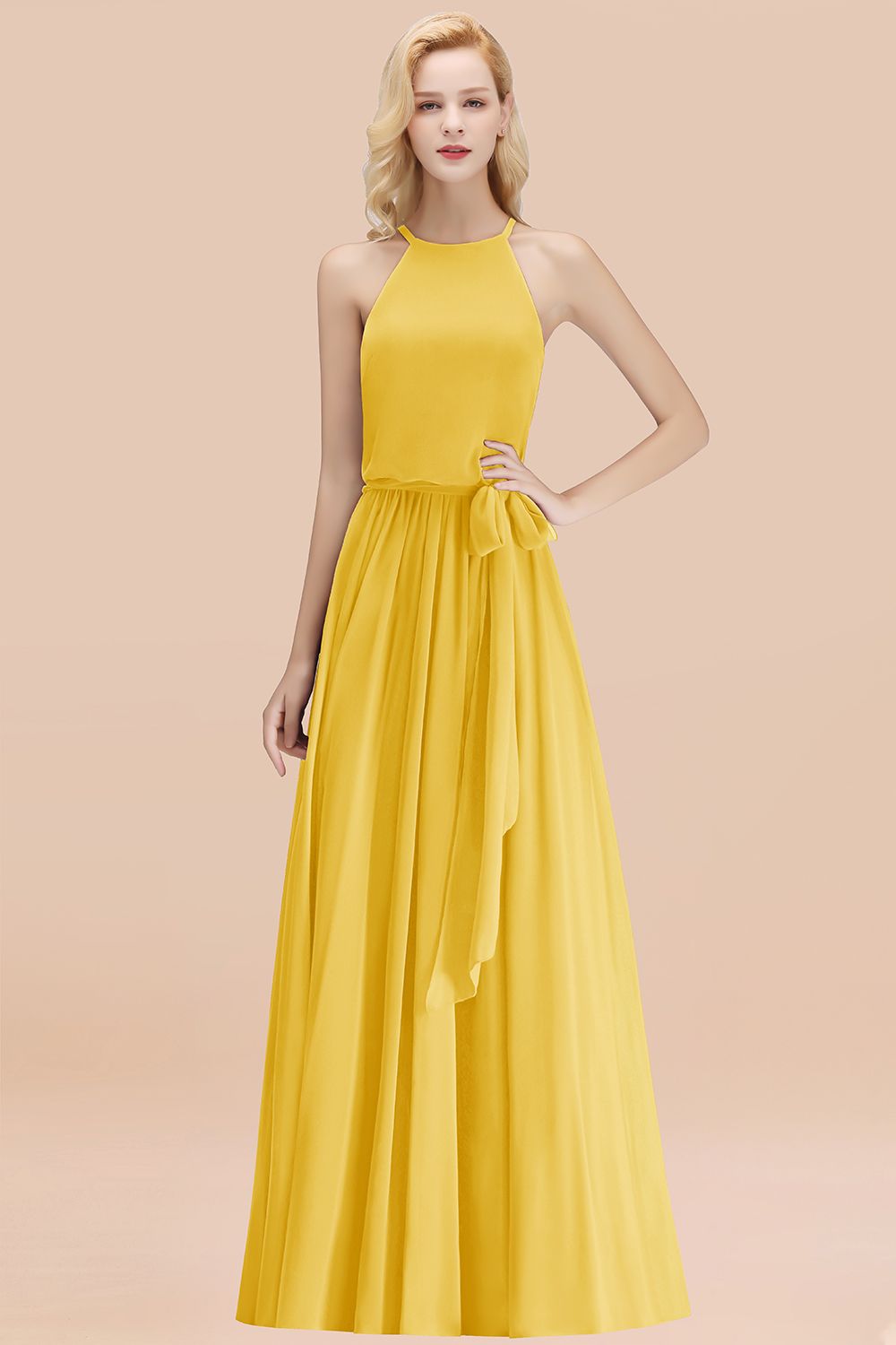 27prom Affordable Halter Bow Long Bridesmaid Dress Modest Burgundy Chiffon Wedding Party Dress-27prom