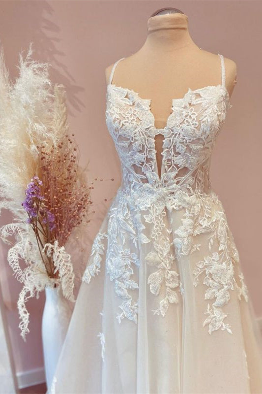 Spaghetti Strap Tulle A-Line Wedding Dress with Lace