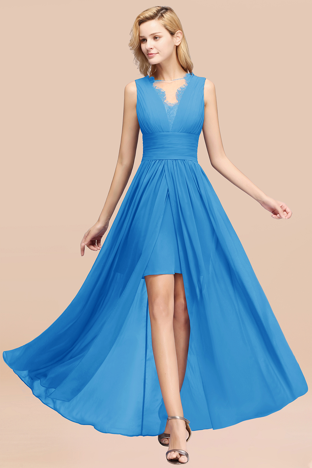 27prom Elegant Chiffon Lace Jewel Sleeveless Bridesmaid Dress with Ruffle-27prom
