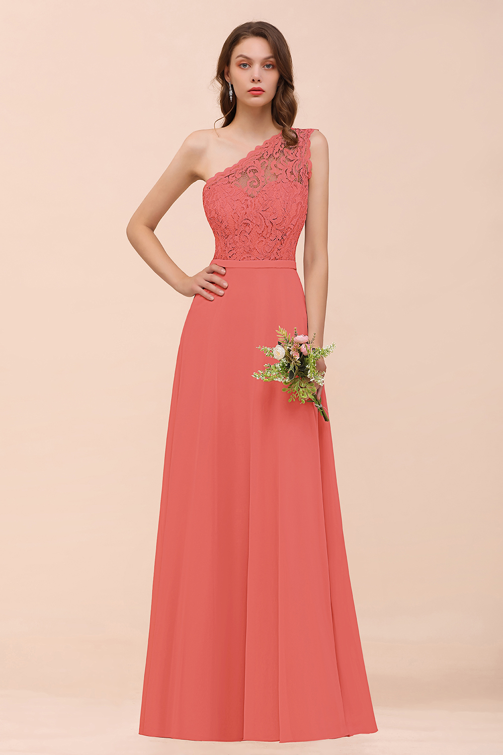 27prom New Arrival Dusty Rose One Shoulder Lace Long Bridesmaid Dress-27prom