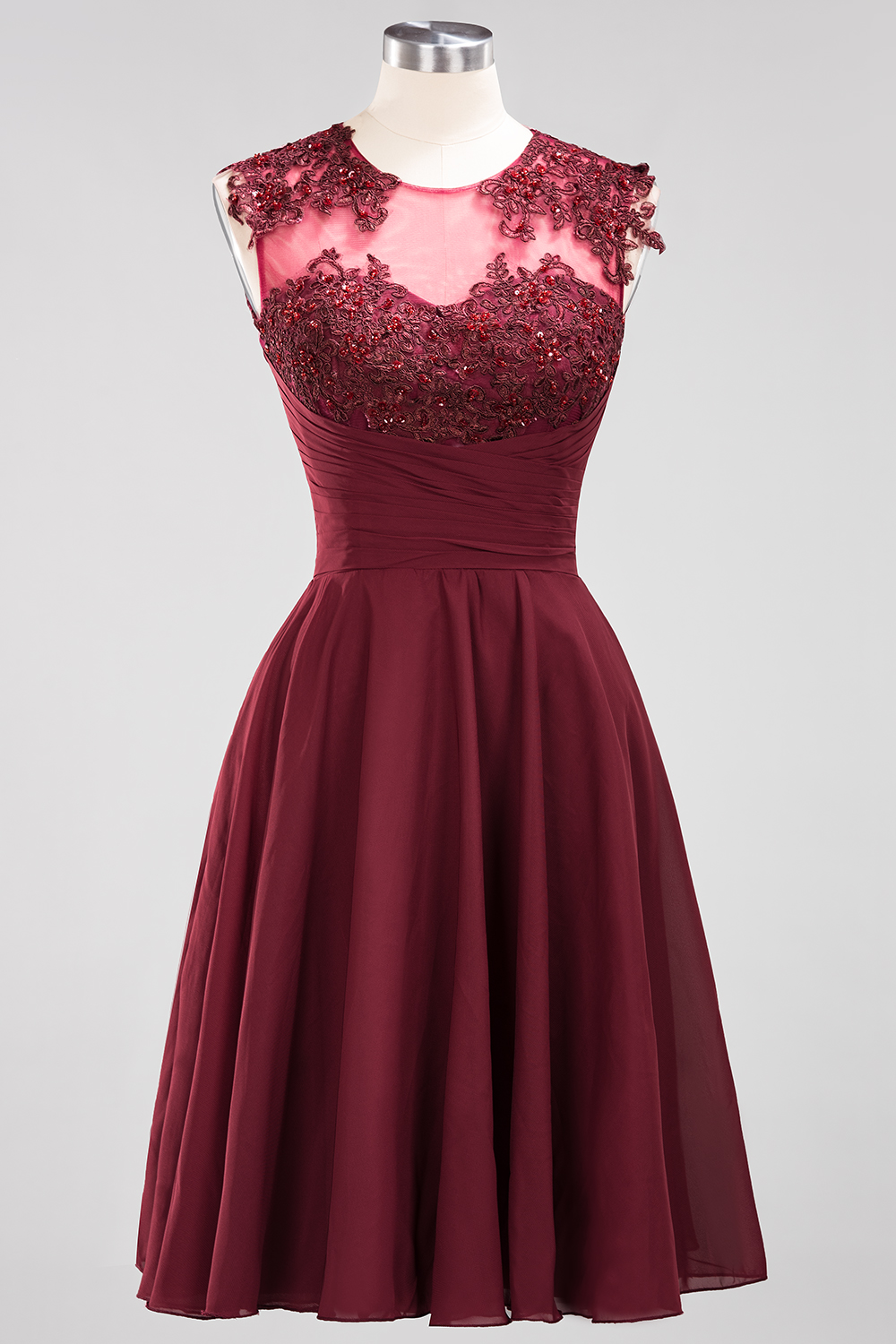 27prom Cute Chiffon Round Neck Short Burgundy Bridesmaid Dresses with Appliques-27prom