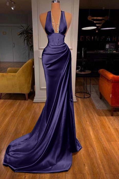 Halter Deep V Neck Sleeveless Mermaid Long Prom Dress Elegant With Ruffles