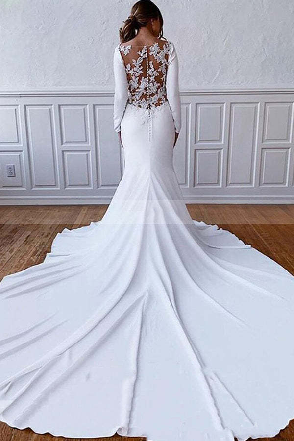 Long Sleeve Illusion Lace Back Sheath Wedding Dress with Appliques
