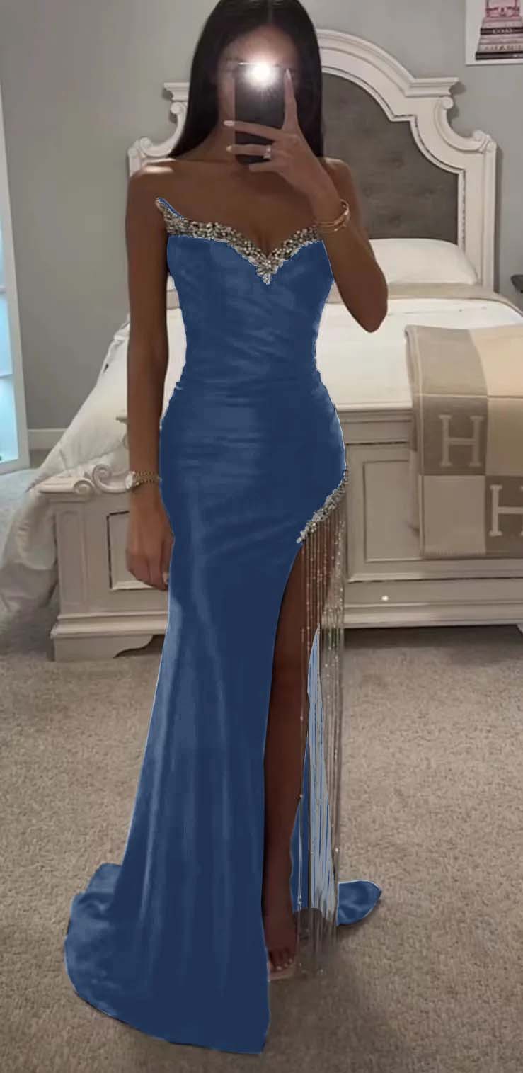 Strapless Sleeveless Long Mermaid Prom Dress With Split Tassel Beading