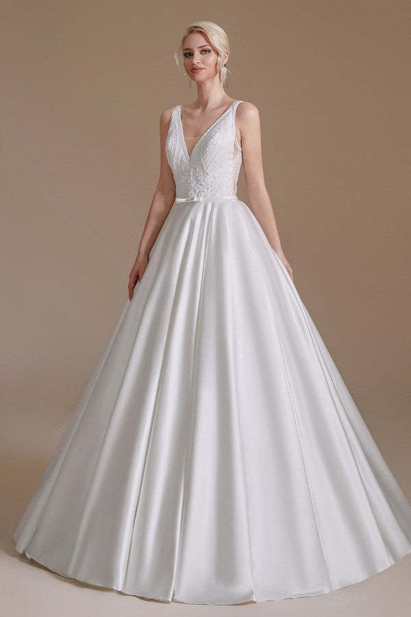Satin A-Line Wedding Dress Long V-neck With Appliques Lace