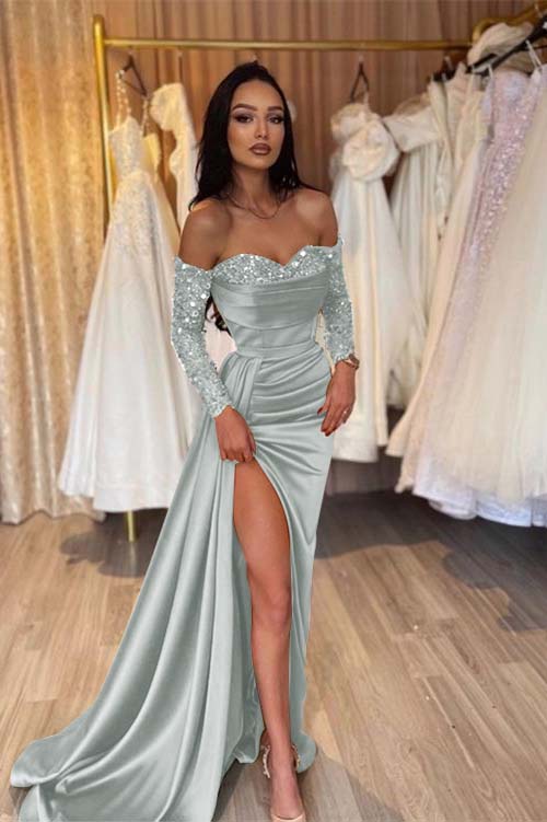 Off the Shoulder Long Sleeves Long Mermaid Prom Dress With Pleated