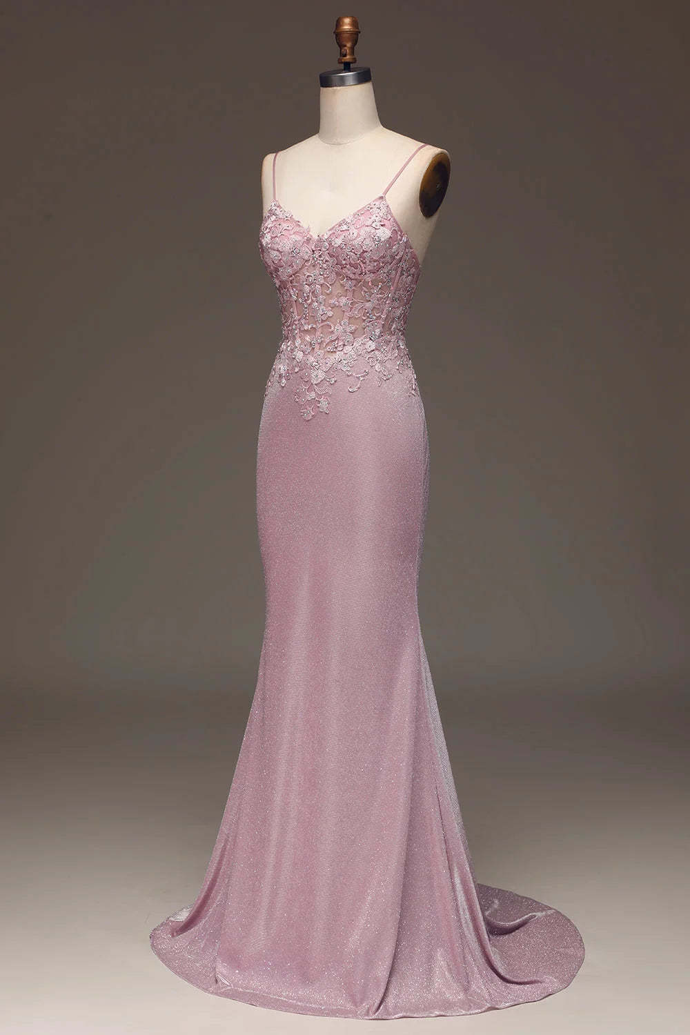 Elegant Pink Spaghetti-Strap Shining Sleeveless Prom Dress