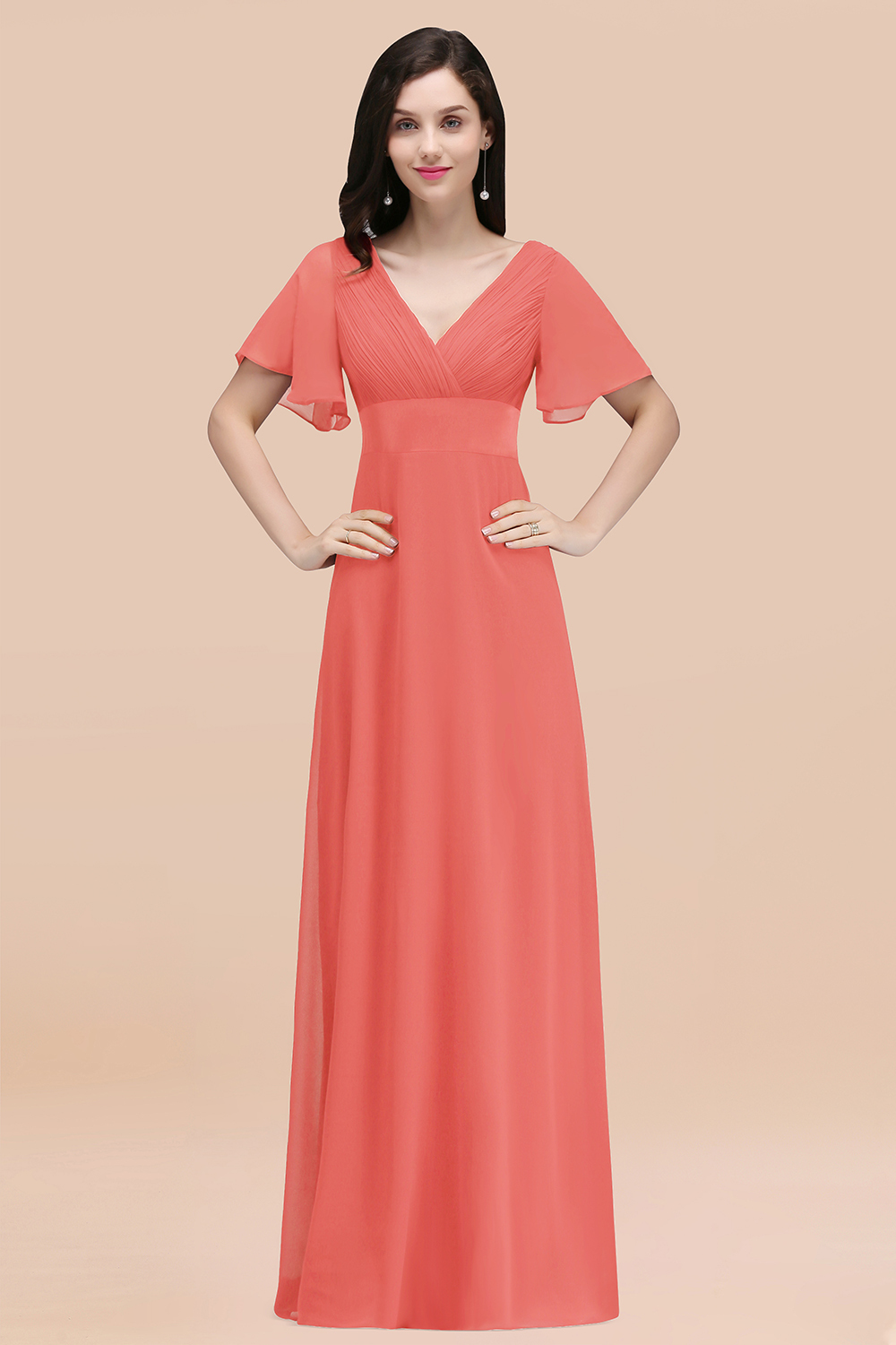 27prom Affordable V-Neck Ruffle Long Burgundy Bridesmaid Dress With Short-Sleeves-27prom