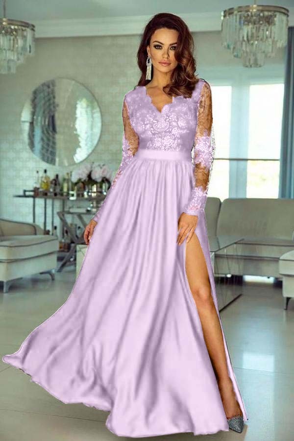 Charming V Neck Long Sleeves Lace A Line Long Prom Dress With Side Split