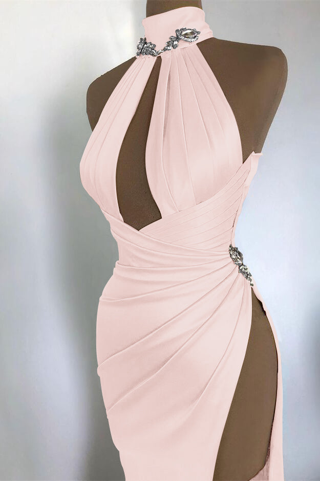 Elegant Sexy Champagne Gold Evening Dress with Off-the-Shoulder High Neck and Pleated Slit