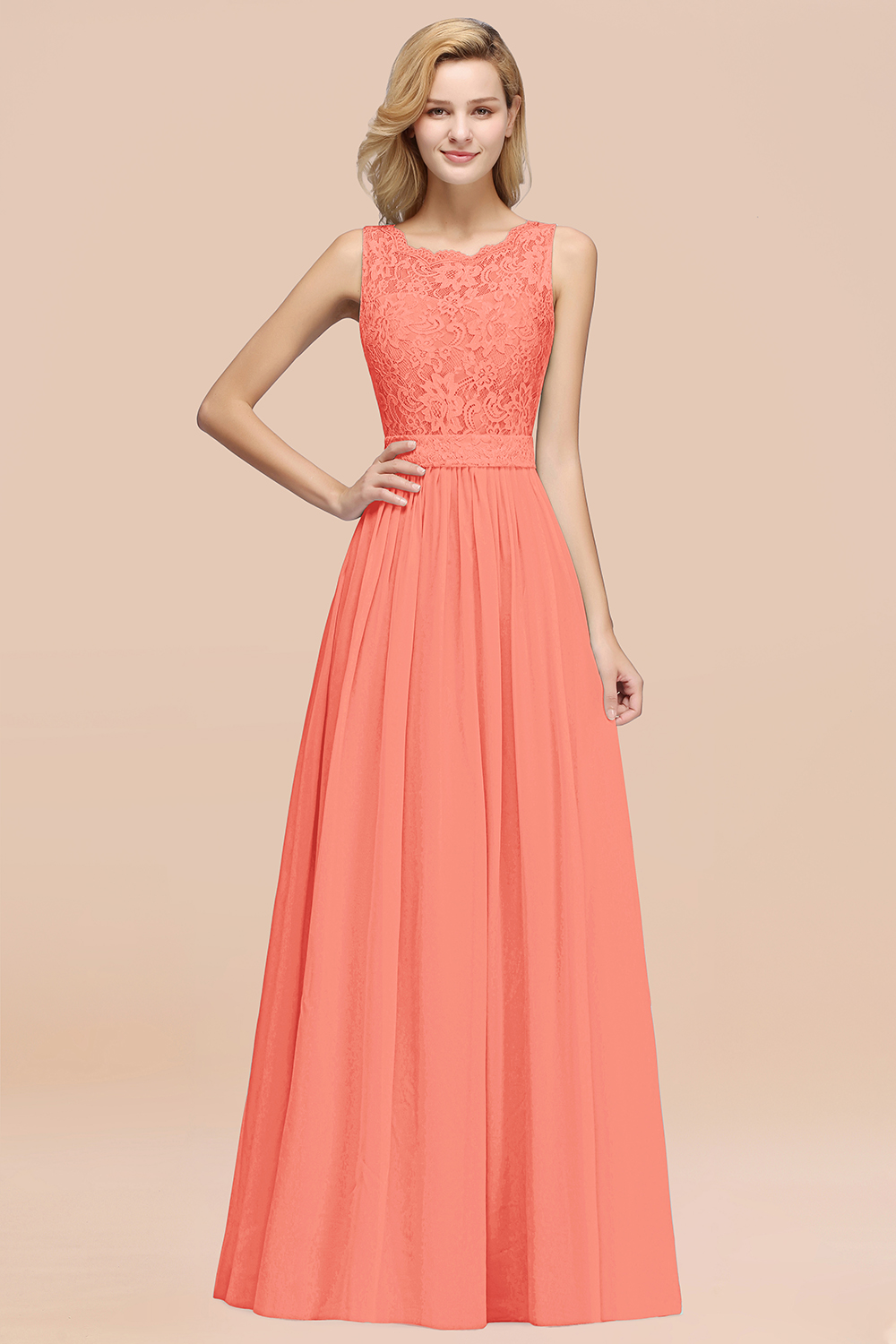 27prom Elegant Chiffon Lace Scalloped Sleeveless Ruffle Bridesmaid Dresses-27prom