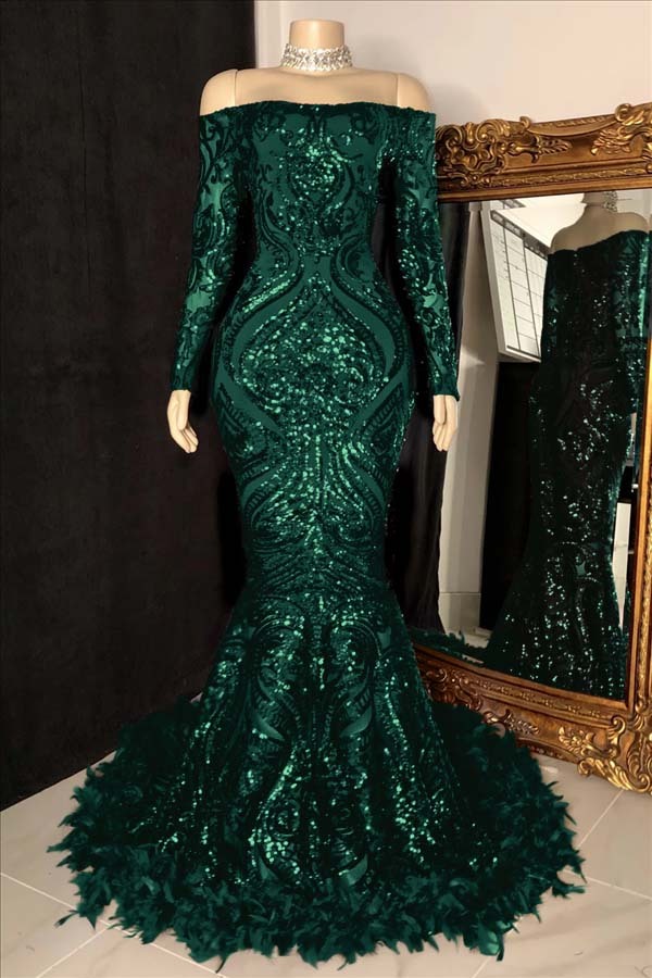 Long Sleeves Strapless Mermaid Prom Dress Sequins Burgundy With Feather