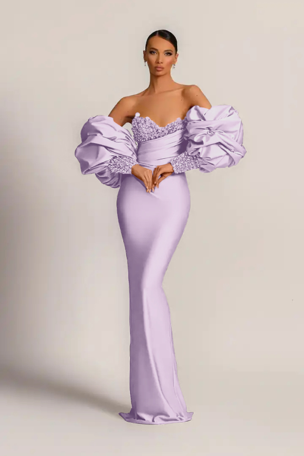 Charming Purple Strapless Mermaid Long Prom Dress With Appliques Puff Sleeves