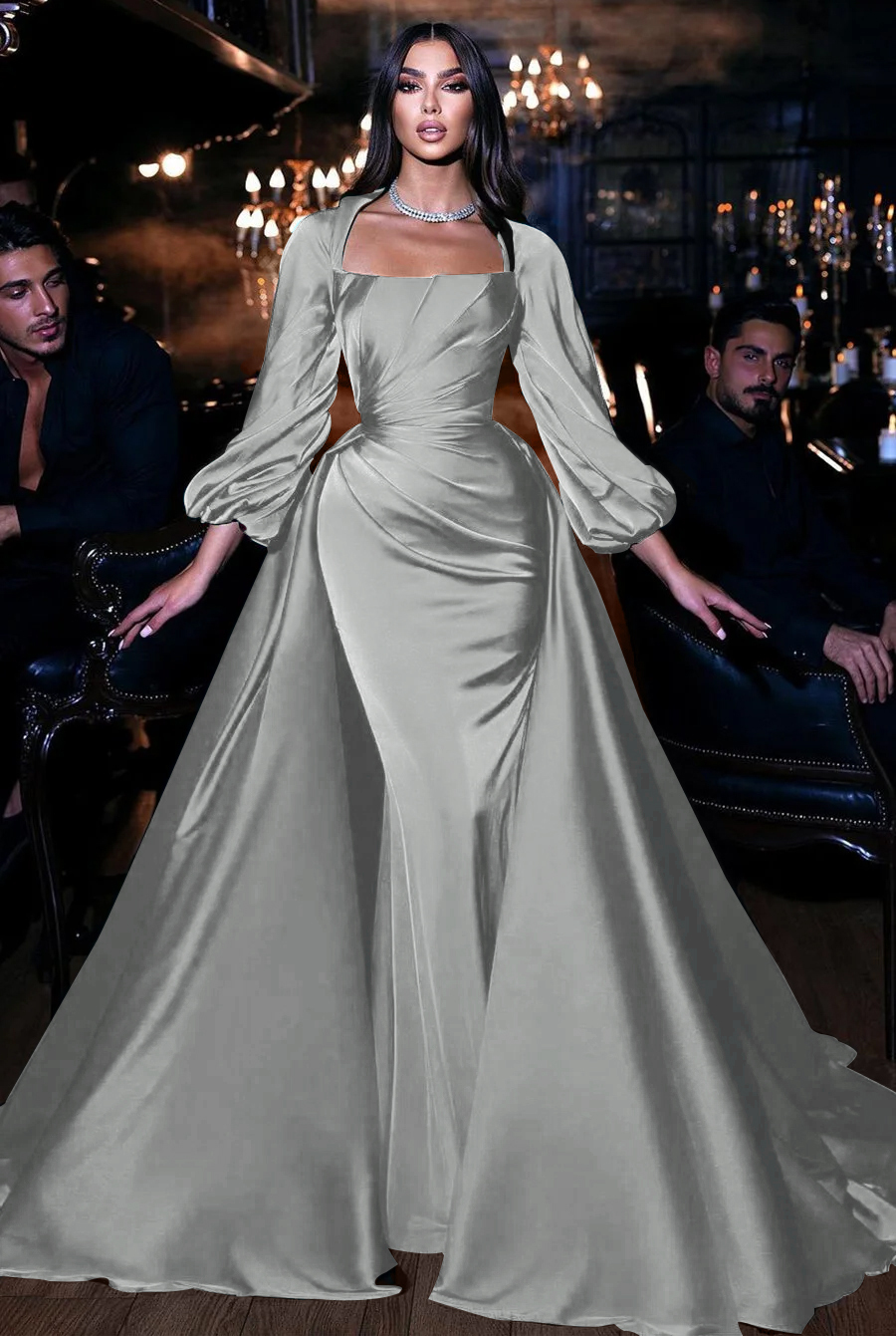 Square Emerald Long Sleeves Pleated Long Mermaid Prom Dress With Ruffles